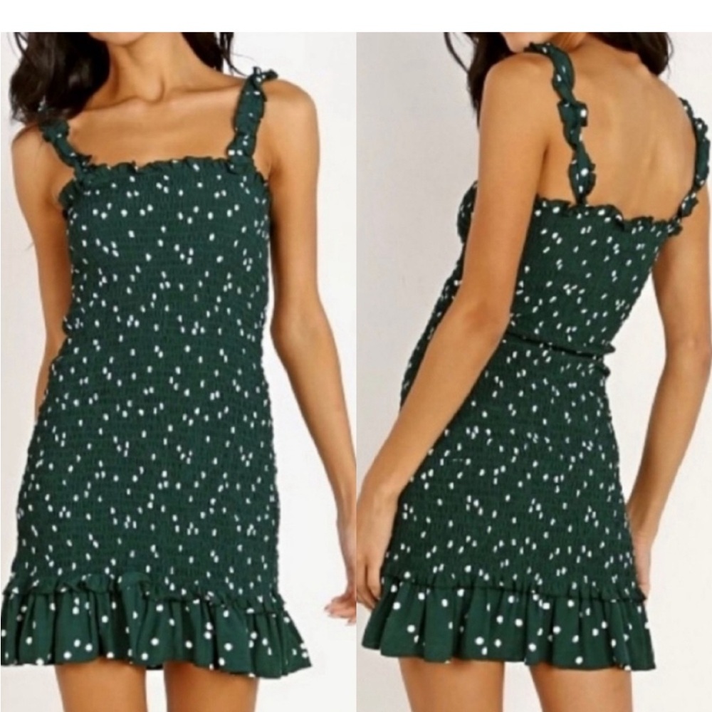 Faithful the Brand smocked green/ white polka dot dress 6 medium